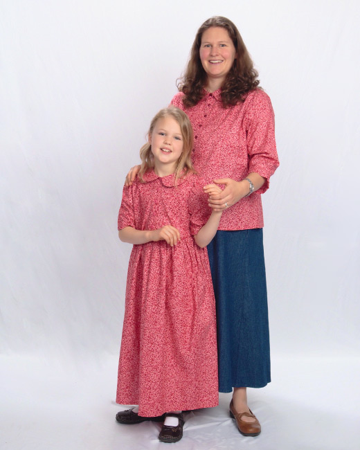 Young Ladies Dress in Pink Petals, Ladies Blouse in Pink Petals and Ladies Denim Skirt.